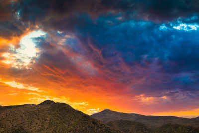 Scenic view of mountains against sky during sunset