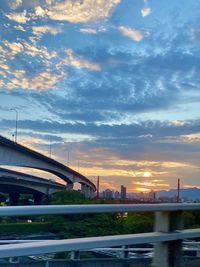 Bridge over river in city against sky at sunset