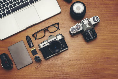 High angle view of camera on table