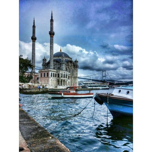 building exterior, nautical vessel, architecture, water, built structure, transportation, mode of transport, boat, sky, river, church, city, religion, waterfront, travel, moored, place of worship, transfer print, travel destinations