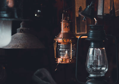 Close-up of lanterns in darkroom