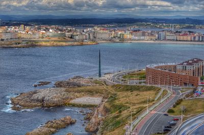 High angle view of city at waterfront