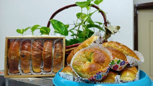 Close-up of food served on table