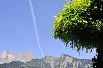 Low angle view of vapor trail against blue sky