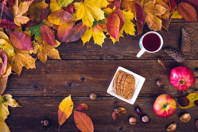 Close-up of food and drink with autumn leaves on table