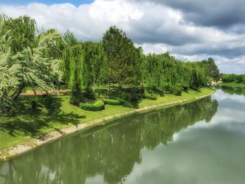 Scenic view of lake against cloudy sky