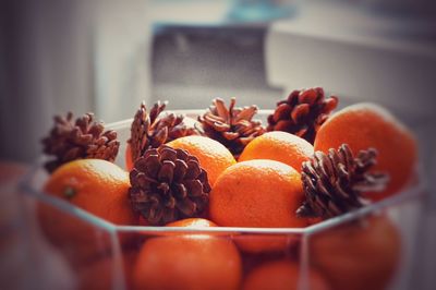 Close-up of orange fruits and pine cones in glass container