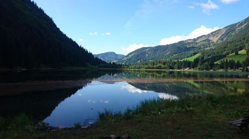 Scenic view of lake and mountains against sky