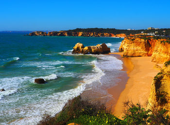 Scenic view of sea against clear blue sky