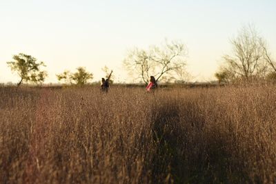 Women on dry plant field in forest during sunset