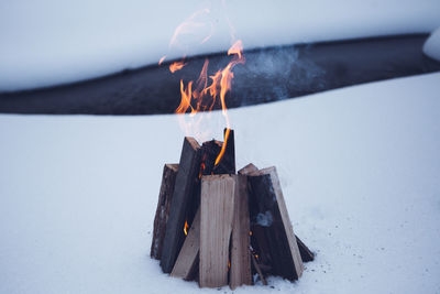 Close-up of bonfire on snowfield