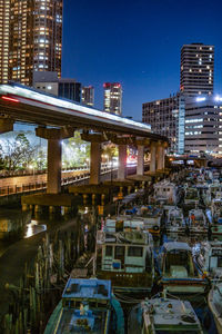 Illuminated buildings in city