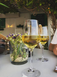 Wine glasses on table in restaurant