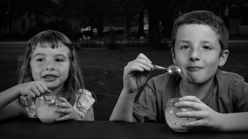 Portrait of happy boy holding ice cream on table