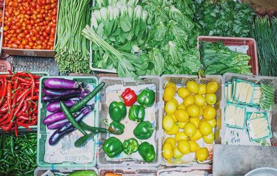 High angle view of vegetables at market stall