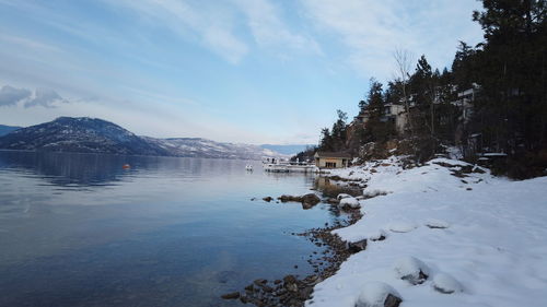 Scenic view of lake by snowcapped mountains against sky