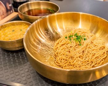 High angle view of soup in bowl on table