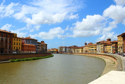 Canal amidst city against cloudy sky