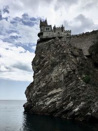 Low angle view of building by sea against sky