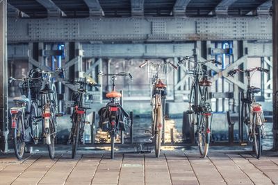 Bicycles parked on street in city