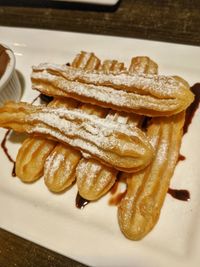 High angle view of dessert in plate on table