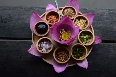 High angle view of various ingredients in bowls on table