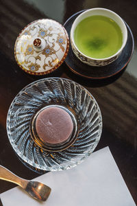 High angle view of tea cup on table