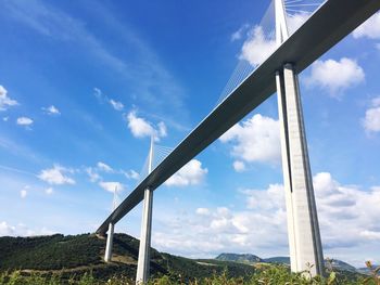 Low angle view of bridge against blue sky