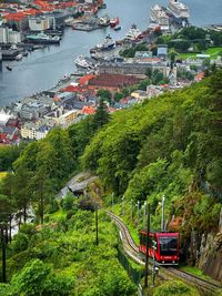 High angle view of townscape by mountain