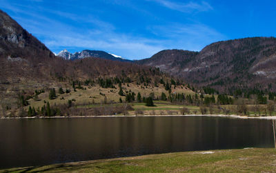 Scenic view of lake and mountains against sky