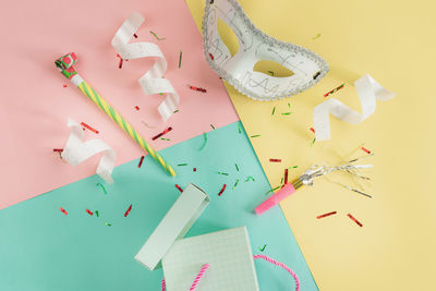 High angle view of toys on table
