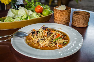 High angle view of food served on table