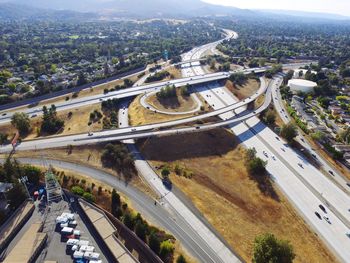 High angle view of vehicles on road in city