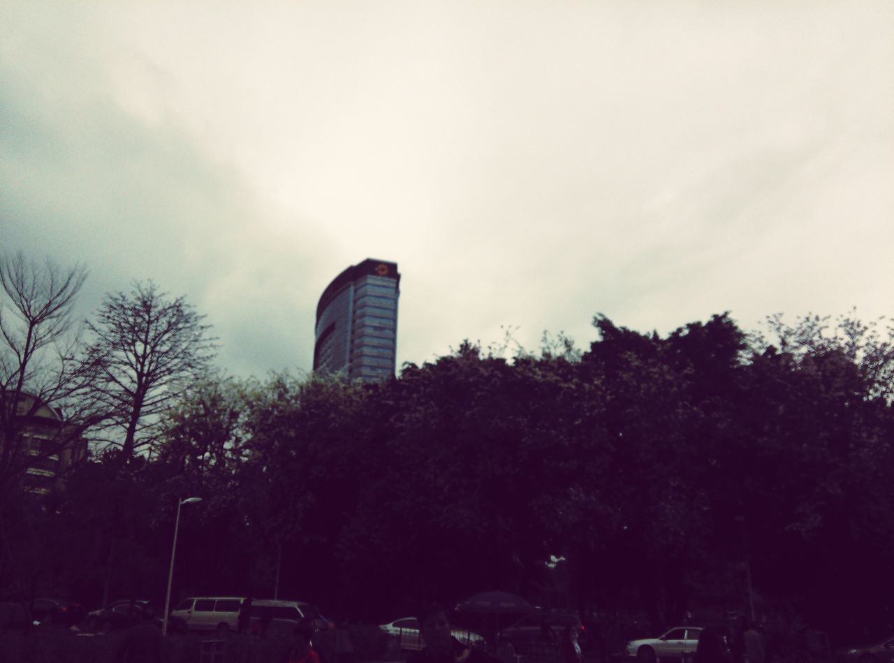 architecture, building exterior, tree, built structure, sky, low angle view, city, car, building, tall - high, cloud - sky, land vehicle, skyscraper, transportation, tower, growth, modern, outdoors, day, bare tree