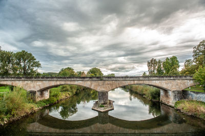 Arch bridge over river against sky