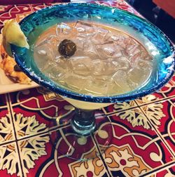 High angle view of drink on table