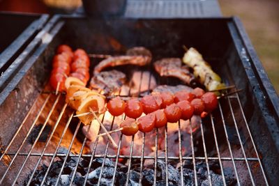 Close-up of meat on barbecue grill