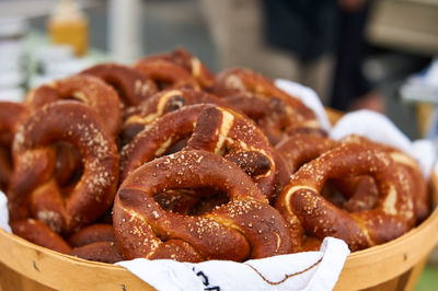 Close-up of pretzels for sale at market