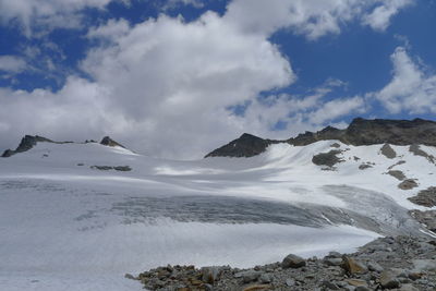 Scenic view of snow covered mountains against sky