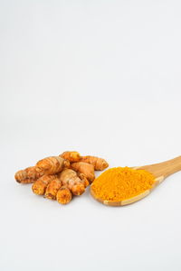 High angle view of meat on white background