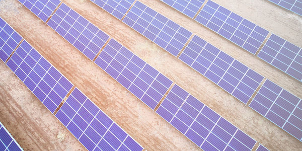 Solar power station aerial view. rows of solar photovoltaic panels. aerial view of solar panel farm