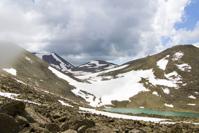 Alpine mountain lake landscape, colorful nature view, georgian lake, travel destination