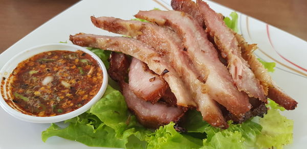 High angle view of meal served on table