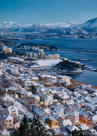 Winter view over Ålesund from fjellstua in snow, norway