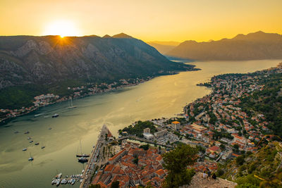 Aerial view of kotor town on sunset. summer time vacation