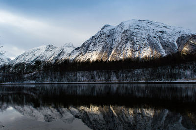 Scenic view of snow covered mountains