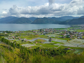 High angle view of plants and land against sky