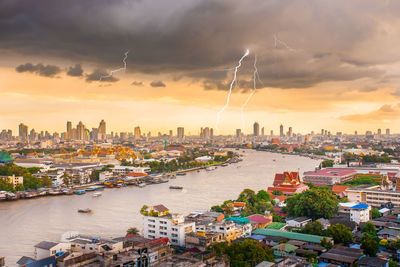 Panoramic view of buildings and river against sky during sunset