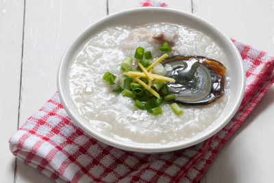High angle view of soup in bowl