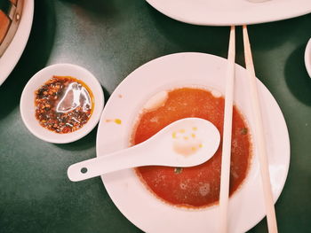 High angle view of breakfast served on table